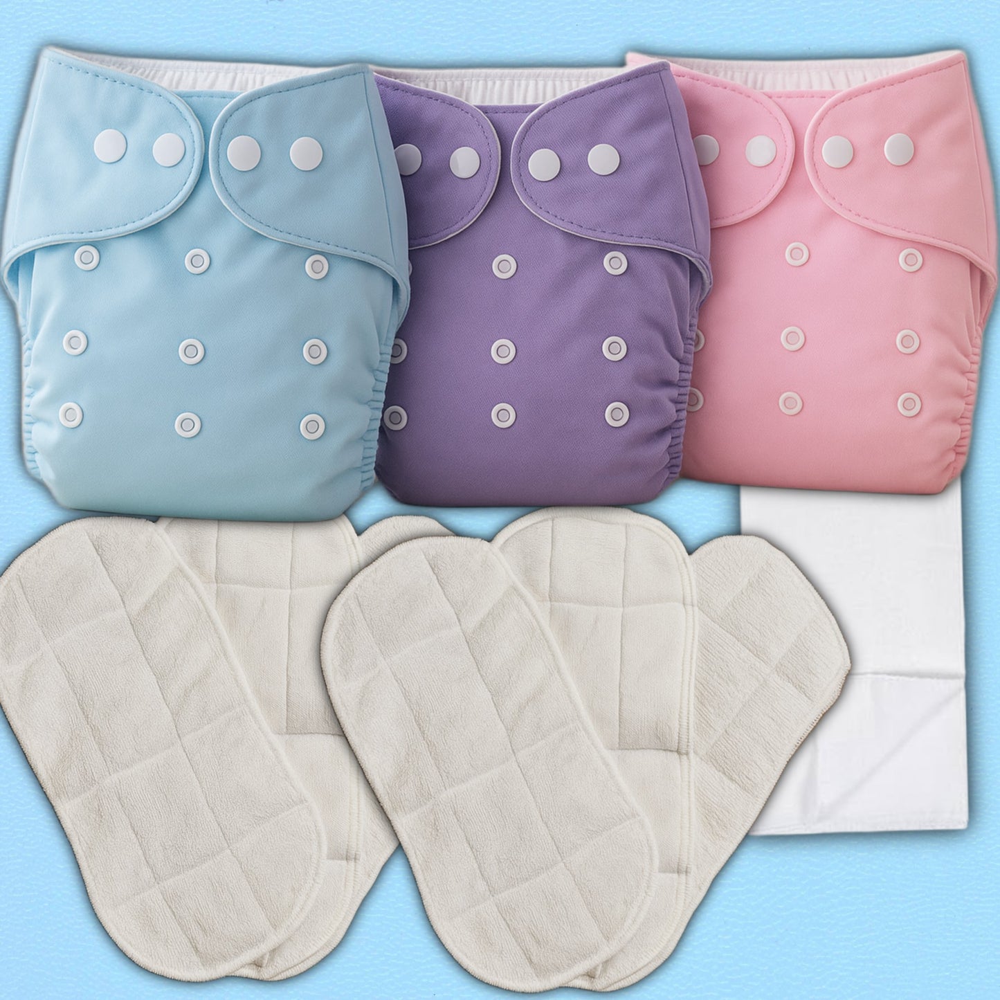 3 Reusable Cloth Diapers with 6 Triple-Layer Inserts + Tissue Liners