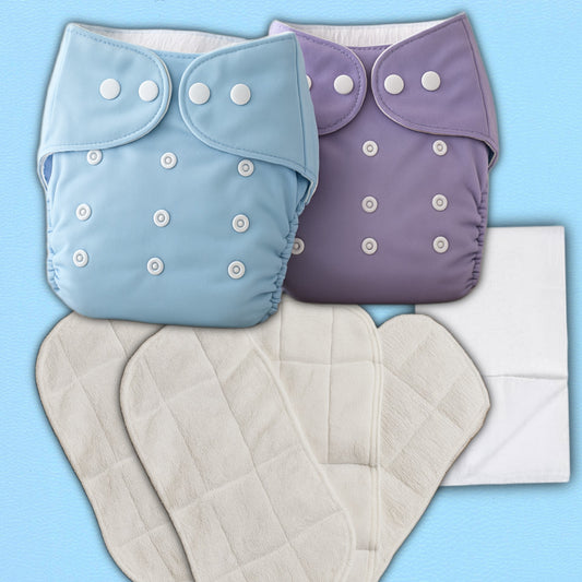 2 Reusable Cloth Diapers with 4 Triple-Layer Inserts + Tissue Liners