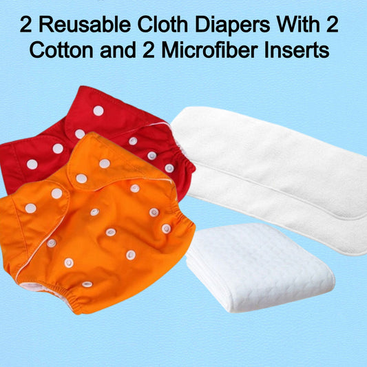 2 Reusable Cloth Diapers With 2 Cotton and 2 Microfiber Inserts