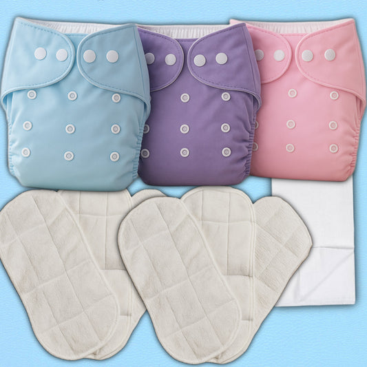 3 Reusable Cloth Diapers with 6 Triple-Layer Inserts + Tissue Liners